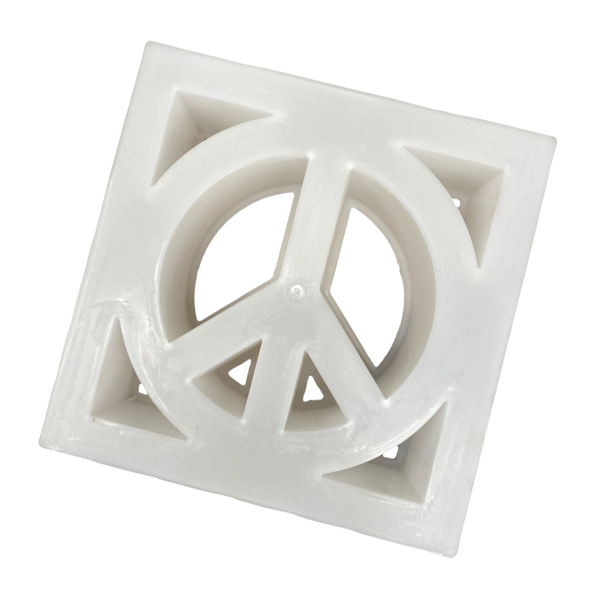Peace mold special offer by Pacific Mold Design showing 11 7/8-inch HDPE peace symbol concrete block mold for casting decorative concrete clear resin and other material peace sign blocks