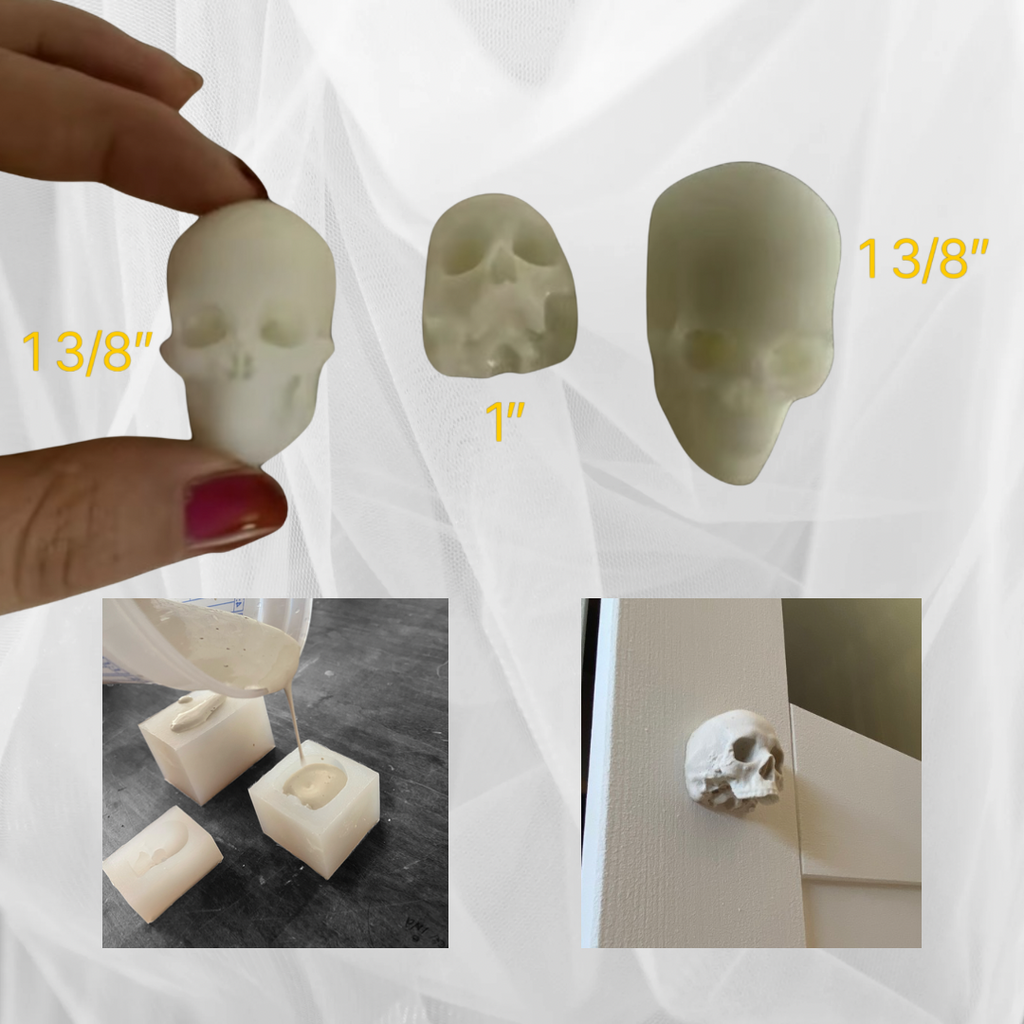 Skull-shaped molds with measurements and examples of molded items on a white background.