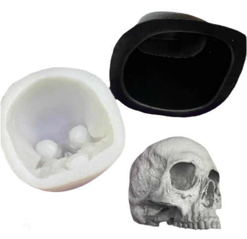 Flat back jawless skull silicone mold by Pacific Mold Design showing mold of human skull without mandible with flat rear surface for wall mounting measuring 6 inches from cranium to teeth