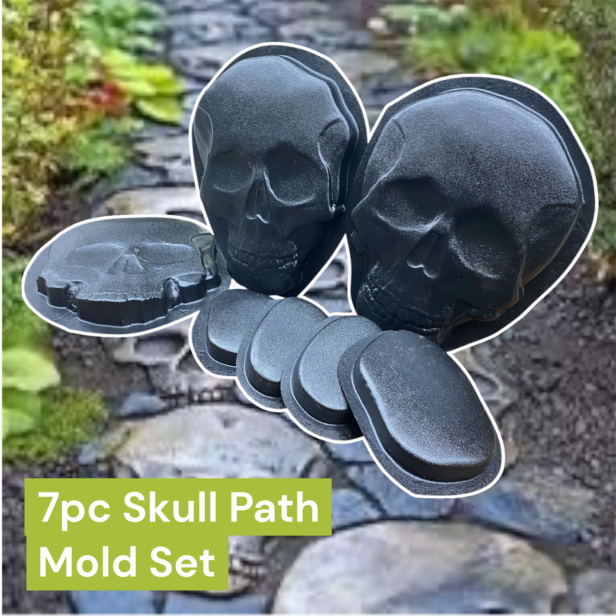 7-piece skull-shaped mold set on a stone path background