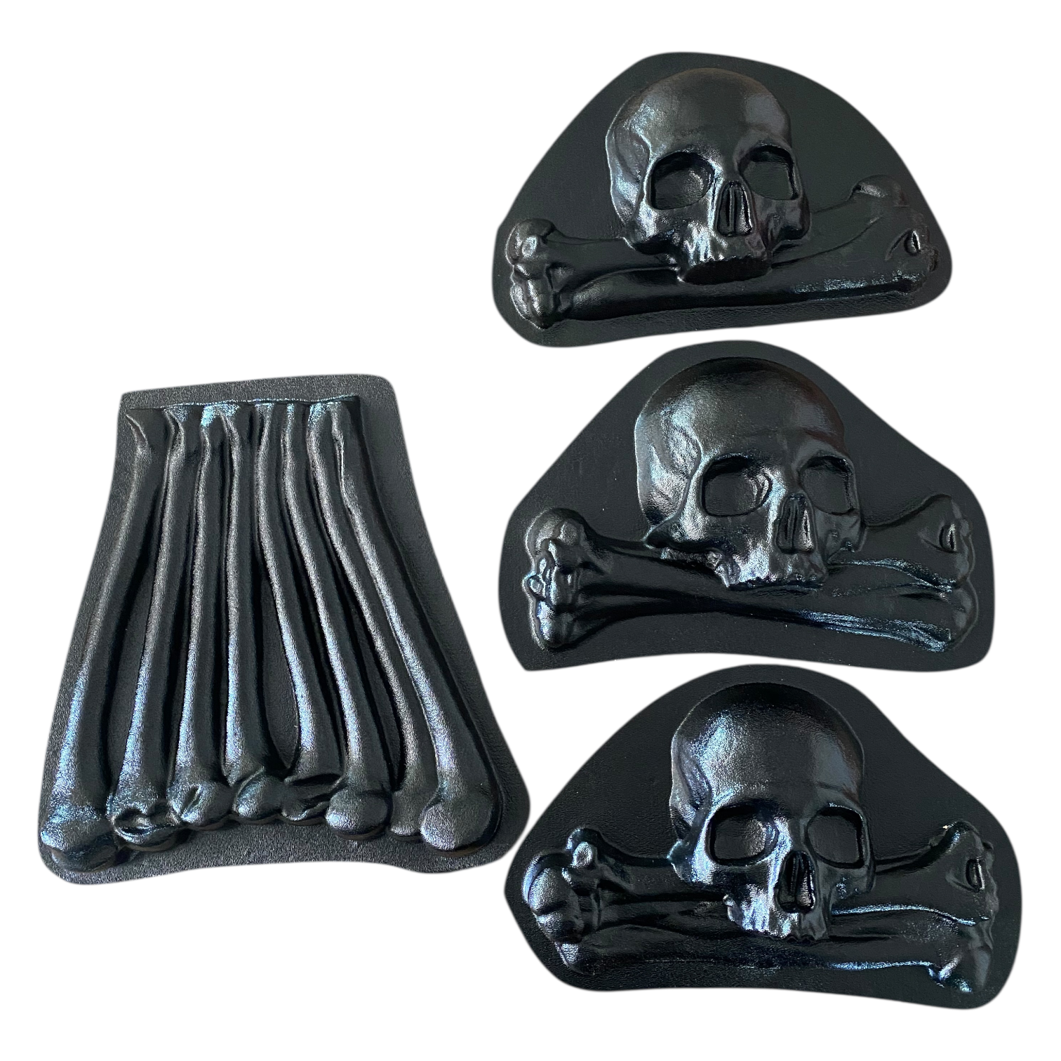 Ossuary ABS 4-piece mold set by Pacific Mold Design showing skull and crossbones panel designs and rack of bones panel designs for casting bone church style concrete wall installations