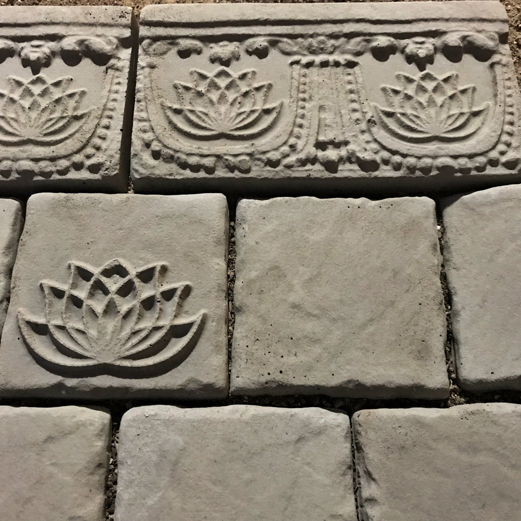 12-inch lotus deco ABS mold by Pacific Mold Design showing stone lotus flower decorative strip mold for casting concrete backsplash accents and wall border tiles