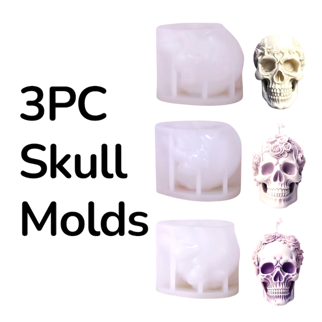 3-piece silicone mini skull mold bundle by Pacific Mold Design showing three flexible skull molds ranging from 2.25 to 3 inches tall on white background