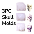 3-piece silicone mini skull mold bundle by Pacific Mold Design showing three flexible skull molds ranging from 2.25 to 3 inches tall on white background