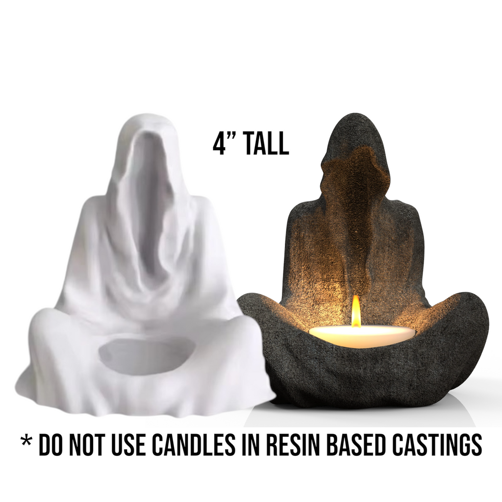 4-inch sitting reaper silicone mold by Pacific Mold Design showing flexible mold of robed Grim Reaper seated figure with 1.75-inch tealight indentation for candle and resin casting