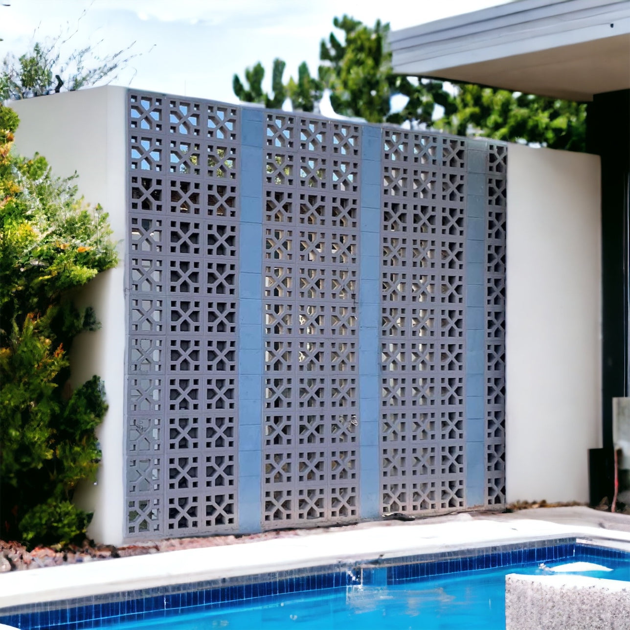 Venetian breeze block mold by Pacific Mold Design showing cast white concrete block with elegant European Venetian lattice ornamental pattern for architectural courtyard walls and privacy screens