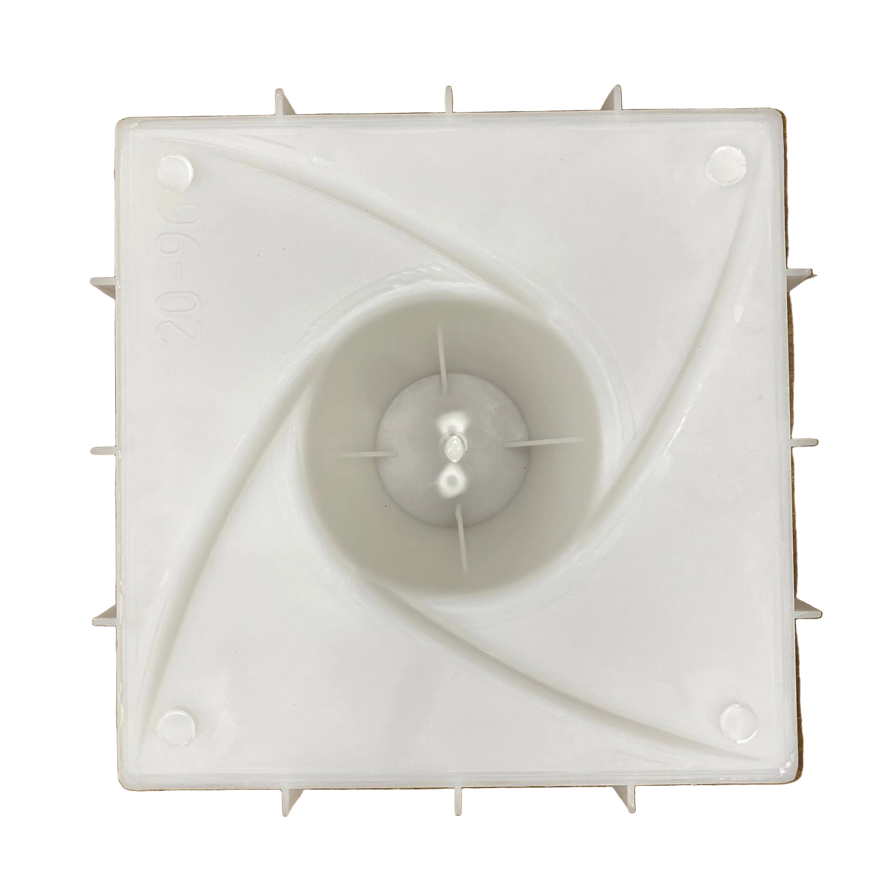 Vortex breeze block mold by Pacific Mold Design showing cast concrete block with swirling spiral geometric pattern creating sense of motion and energy through light and shadow play