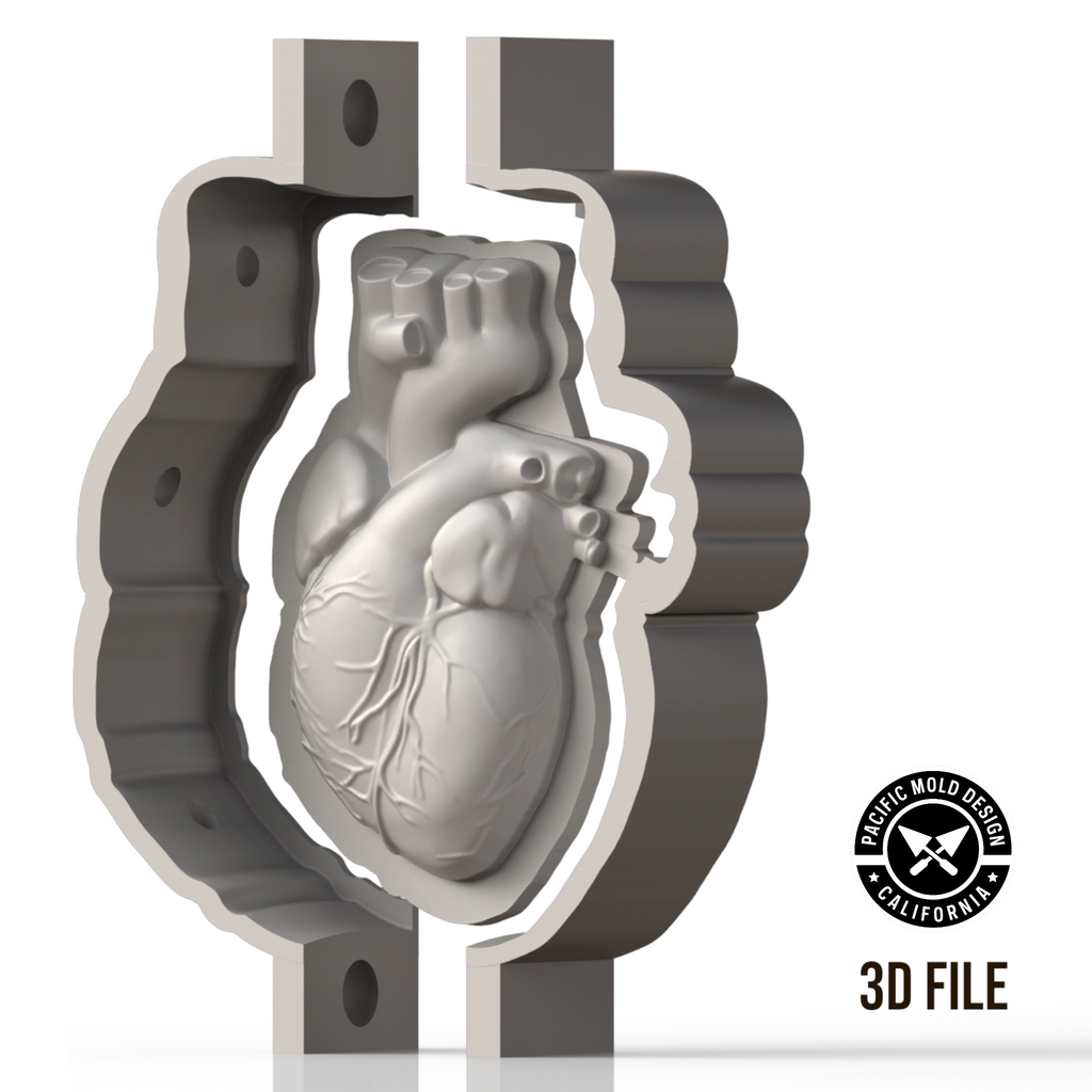 Heart pendant mold 3D print file product image by Pacific Mold Design showing digital render of heart pendant shape STL mold design for home 3D printing and DIY silicone jewelry mold making