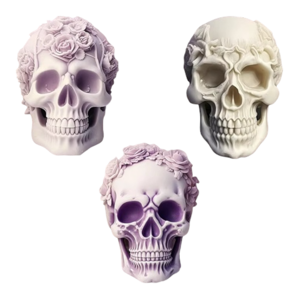 3-piece silicone mini skull mold bundle by Pacific Mold Design showing three flexible skull molds ranging from 2.25 to 3 inches tall on white background