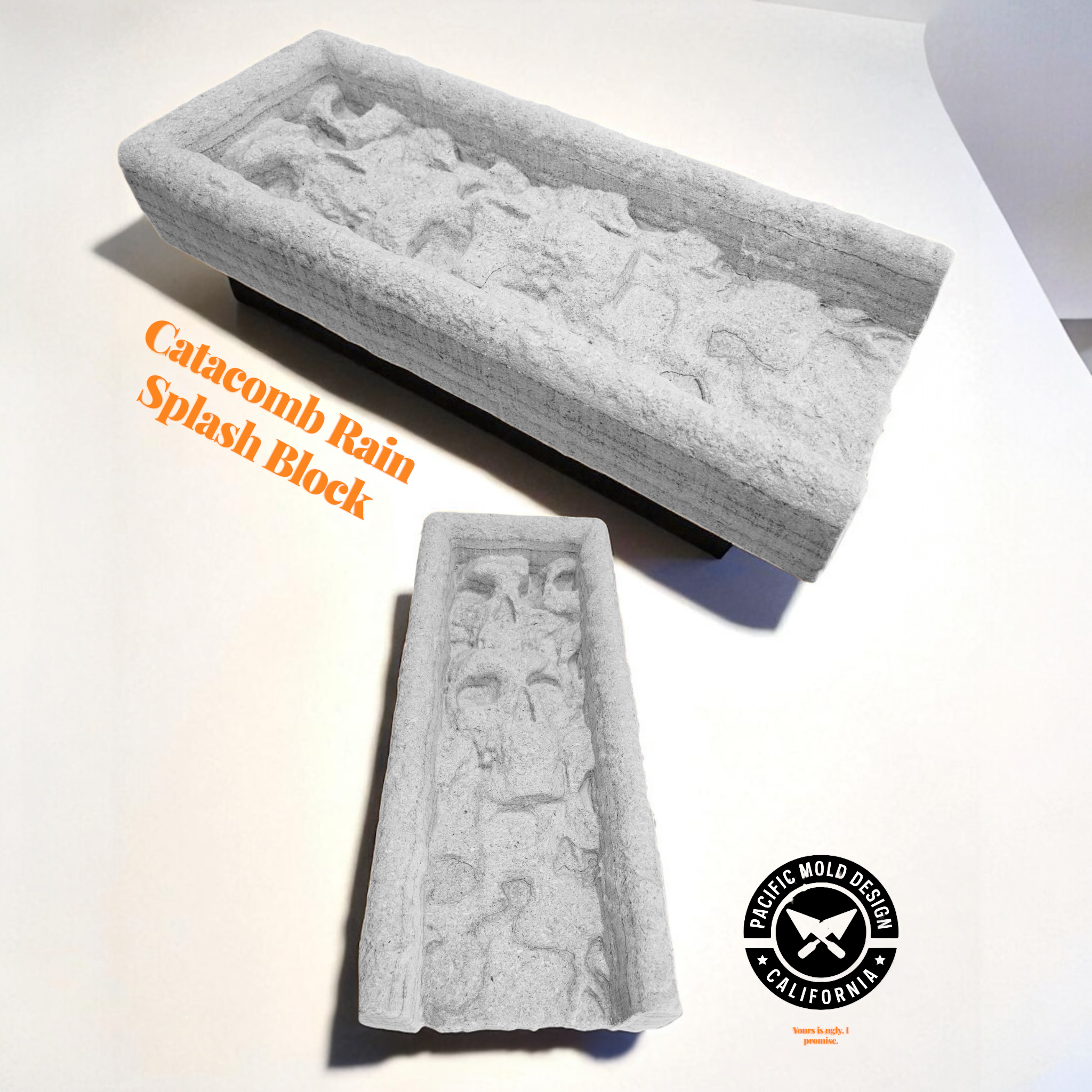 Gray concrete mold with 'Catacomb Rain Splash Block' text and Pacific Mold Design logo.