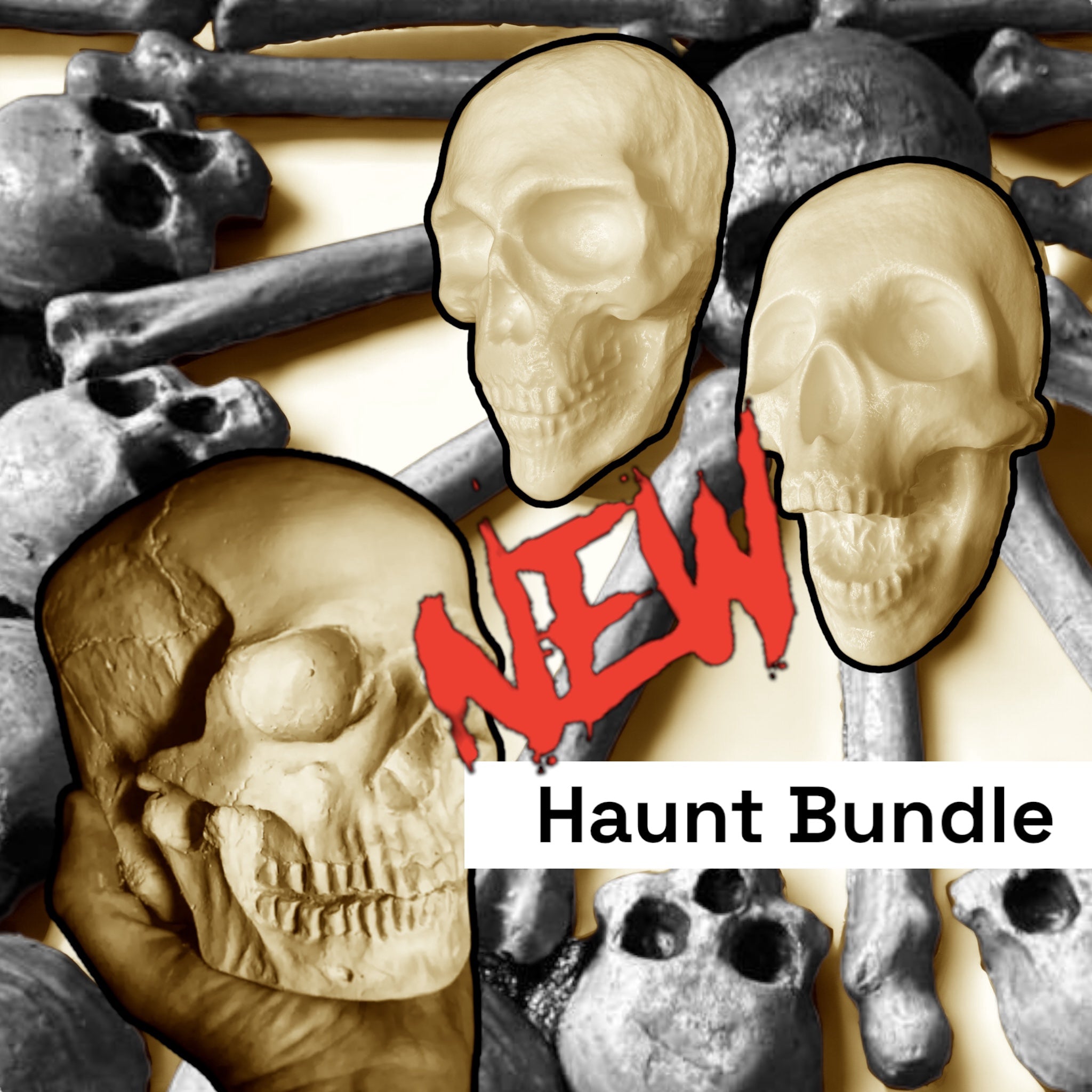 Ultimate haunt mold bundle by Pacific Mold Design showing collection of ABS skull molds, femur bone molds, and face molds with NEW Haunt Bundle label displayed on white background