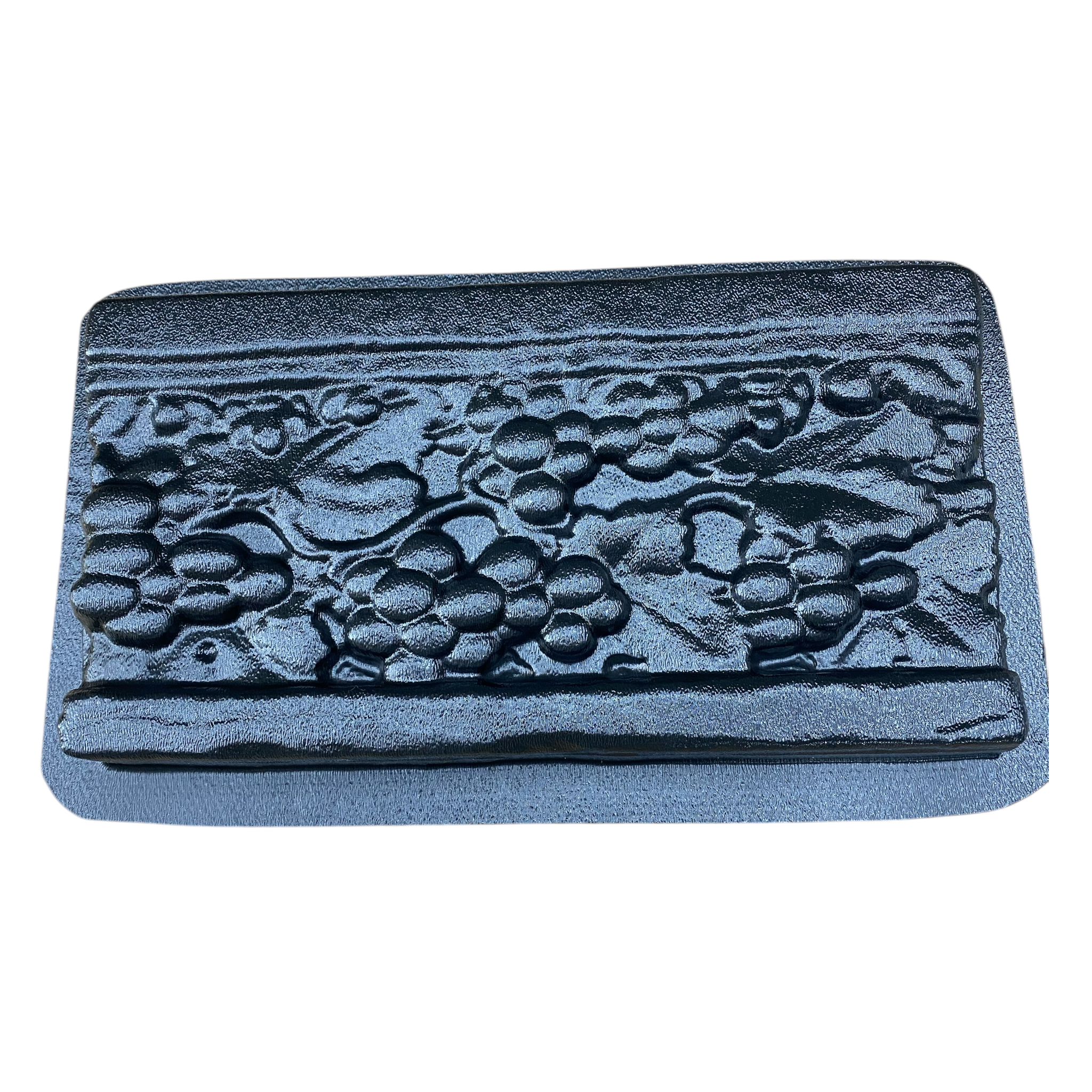 12-inch vineyard deco ABS mold by Pacific Mold Design showing grape vine and leaf pattern decorative strip mold for casting concrete backsplash accents and countertop border tiles