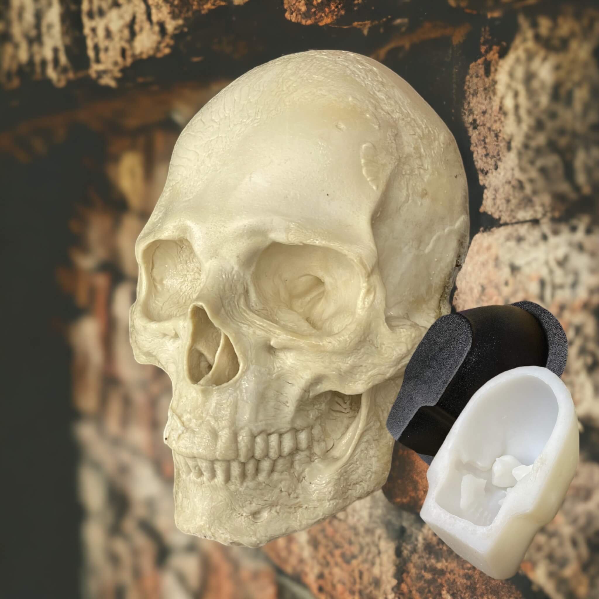 Flat back silicone skull mold by Pacific Mold Design showing two-piece mold with black ABS outer support shell and white silicone inner liner for wall-mountable skull casting