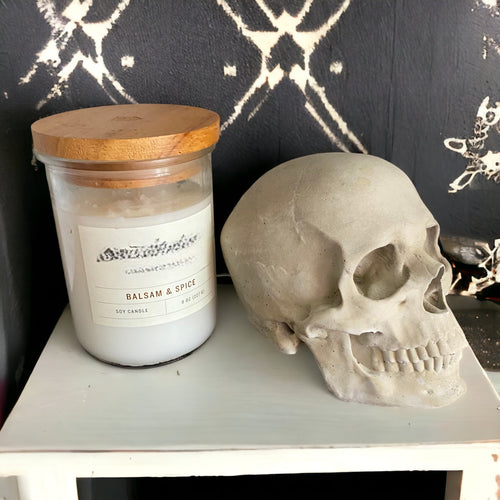 4-inch silicone skull mold by Pacific Mold Design showing flexible mold with deep cranium detail, 4 inches tall by 5 inches long, suitable for resin and candle casting