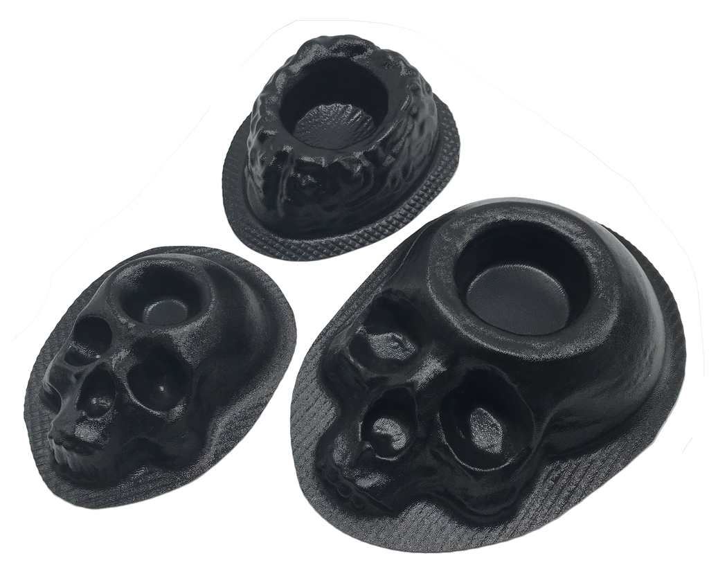 3-piece macabre planter mold set by Pacific Mold Design showing one 8-inch skull planter mold, one large skull planter mold, and one brain planter mold for concrete and plaster casting