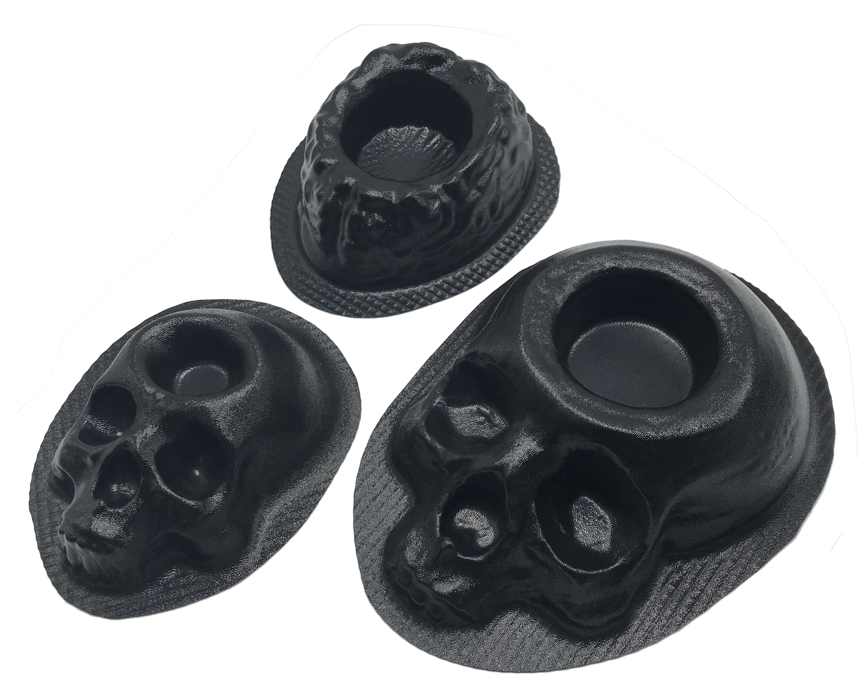 3-piece macabre planter mold set by Pacific Mold Design showing one 8-inch skull planter mold, one large skull planter mold, and one brain planter mold for concrete and plaster casting