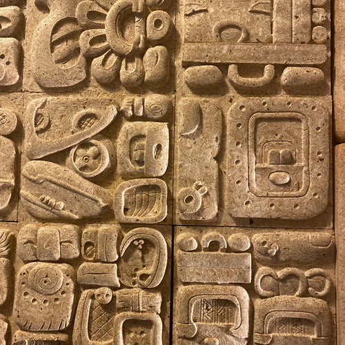12-piece Mayan hieroglyph mold set by Pacific Mold Design showing ancient stone carving glyph panel molds inspired by Mixco Viejo Guatemala stelae for concrete and plaster cultural wall art