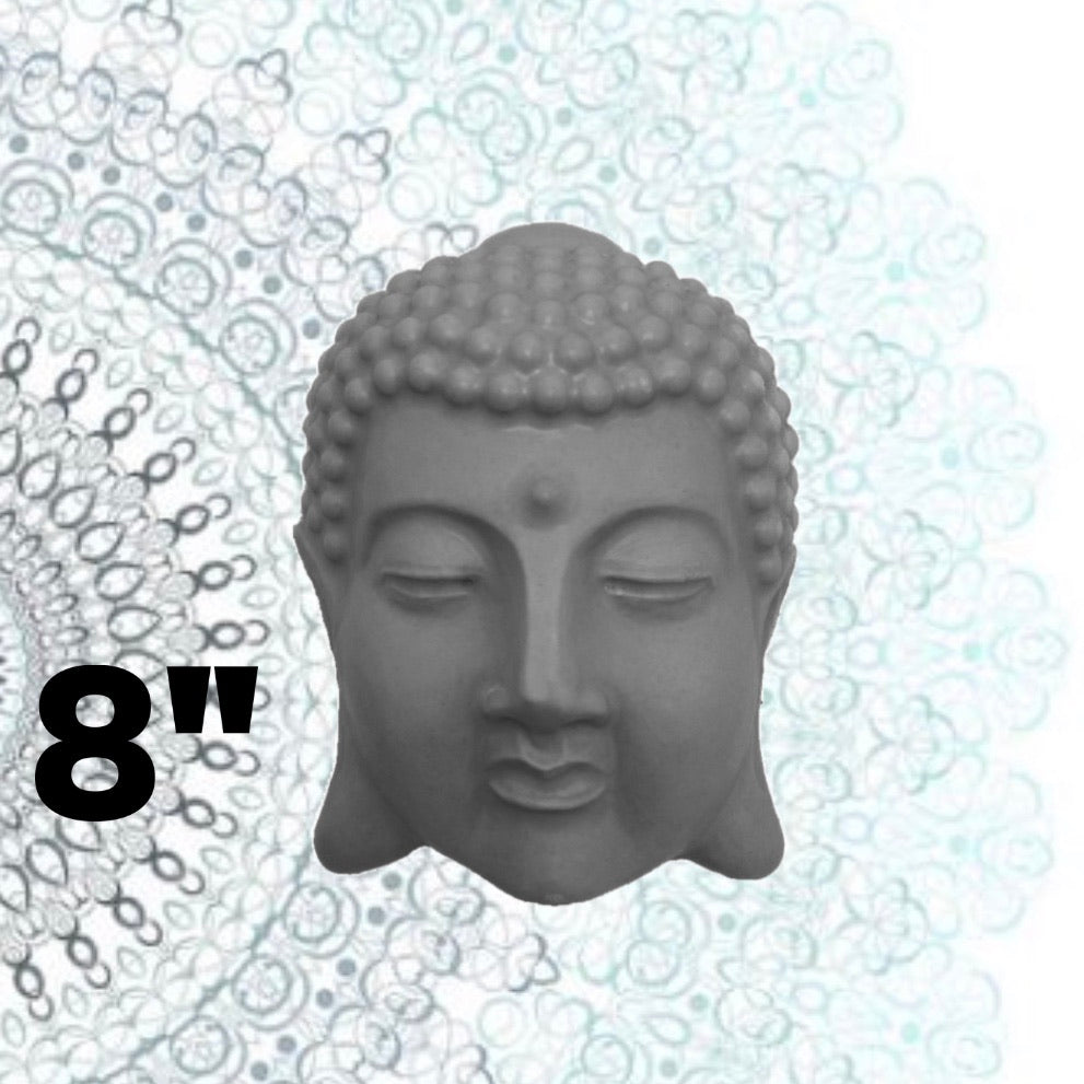 8.5-inch Buddha head ABS casting mold by Pacific Mold Design showing serene Buddhist head with peaceful expression for casting concrete and plaster spiritual home garden and meditation space décor