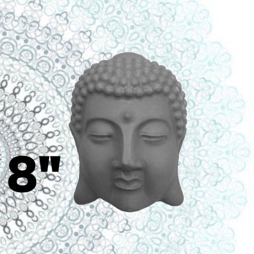 8.5-inch Buddha head ABS casting mold by Pacific Mold Design showing serene Buddhist head with peaceful expression for casting concrete and plaster spiritual home garden and meditation space décor