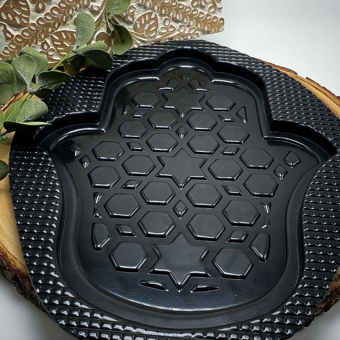 Hamsa hand ABS mold set by Pacific Mold Design showing 10-inch protective hand symbol mold in black plastic sold as set of three for casting concrete and plaster spiritual home and garden décor