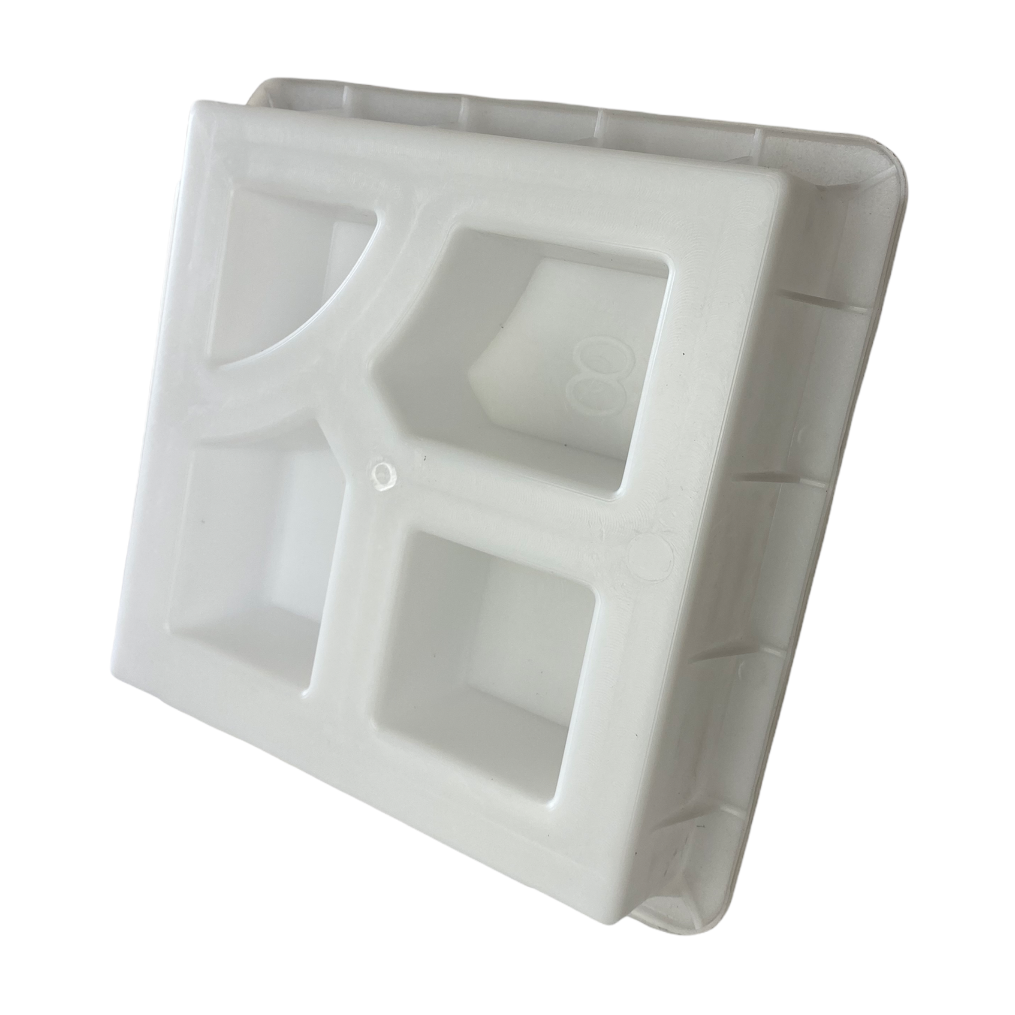 La Brea breeze block mold by Pacific Mold Design showing cast white concrete block with minimal mid-century modern California-inspired geometric pattern for decorative garden and patio privacy walls