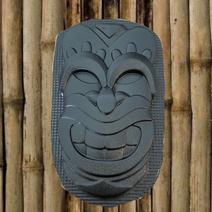 Tiki Tim ABS mold by Pacific Mold Design showing 15-inch wide tiki head face mold in black plastic for casting plaster and concrete tropical tiki bar and garden wall décor