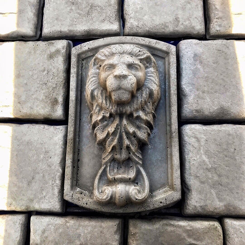 Vertical lion ABS casting mold by Pacific Mold Design showing 12-inch tall upright lion head relief in black plastic for casting concrete and plaster indoor outdoor wall art and garden décor