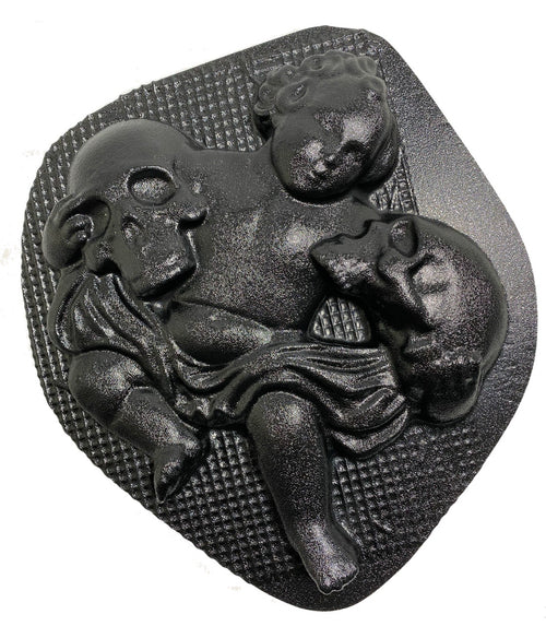 12-inch cherub holding skulls ABS casting mold by Pacific Mold Design showing gothic angel cherub figure holding two human skulls for casting concrete and plaster gothic wall art and cemetery décor