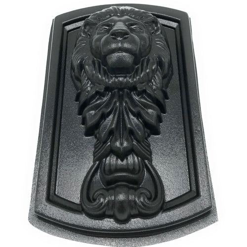 Vertical lion ABS casting mold by Pacific Mold Design showing 12-inch tall upright lion head relief in black plastic for casting concrete and plaster indoor outdoor wall art and garden décor