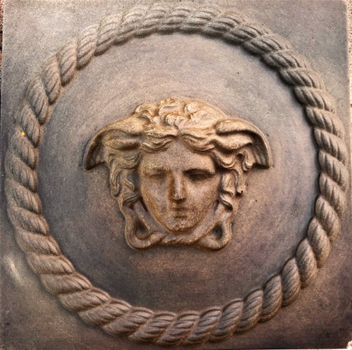 13-inch Medusa ABS casting mold by Pacific Mold Design showing Greek mythology Gorgon goddess face with snake hair in circular format for concrete and plaster mythological wall art