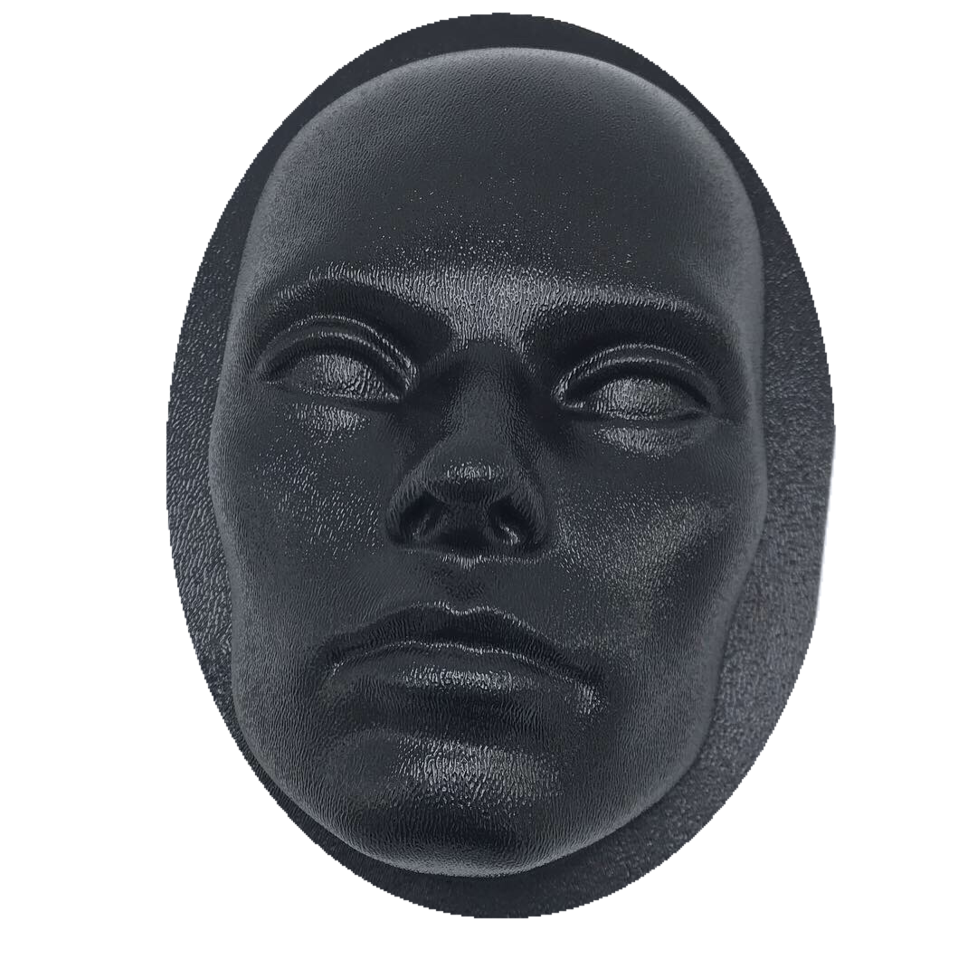 8-inch human face ABS casting mold by Pacific Mold Design showing two black plastic molds with realistic facial features for plaster and concrete wall art casting