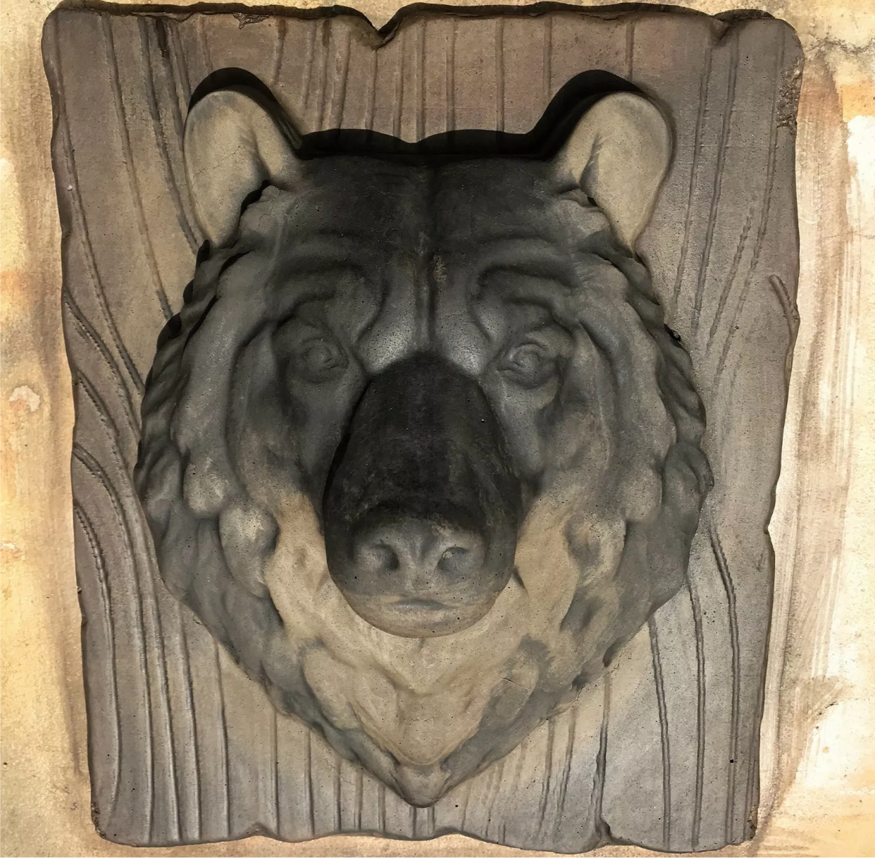 14-inch bear head ABS casting mold by Pacific Mold Design showing realistic bear face with 4-inch snout depth mounted on wood grain plank texture for concrete and plaster cabin and garden wall art