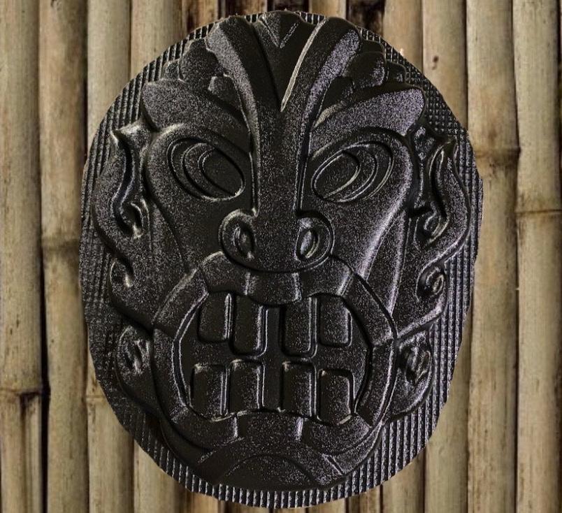 Tiki Fire ABS mold by Pacific Mold Design showing 16-inch tiki head with fire-inspired design in black plastic for casting plaster and concrete tropical tiki bar and garden décor