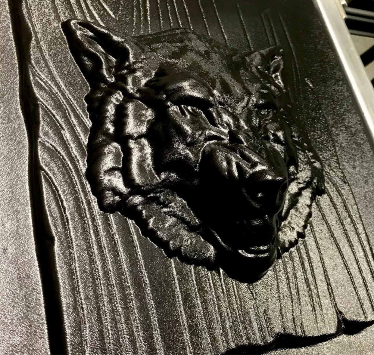 14-inch wolf head ABS casting mold by Pacific Mold Design showing dramatic wolf face with detailed fur texture for casting concrete and plaster indoor and outdoor wildlife wall art