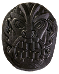 Tiki Fire ABS mold by Pacific Mold Design showing 16-inch tiki head with fire-inspired design in black plastic for casting plaster and concrete tropical tiki bar and garden décor