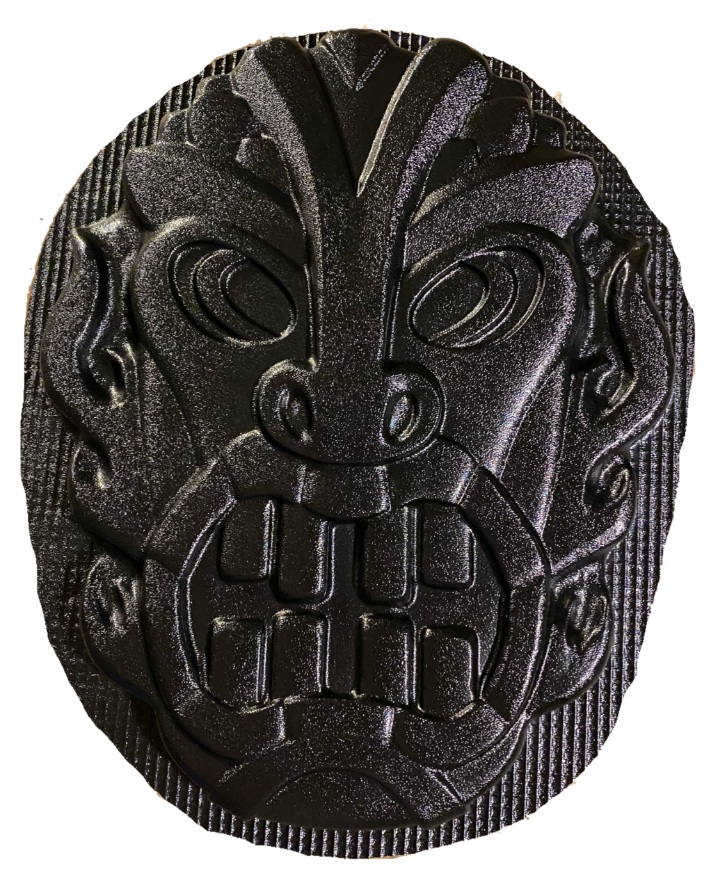Tiki Fire ABS mold by Pacific Mold Design showing 16-inch tiki head with fire-inspired design in black plastic for casting plaster and concrete tropical tiki bar and garden décor
