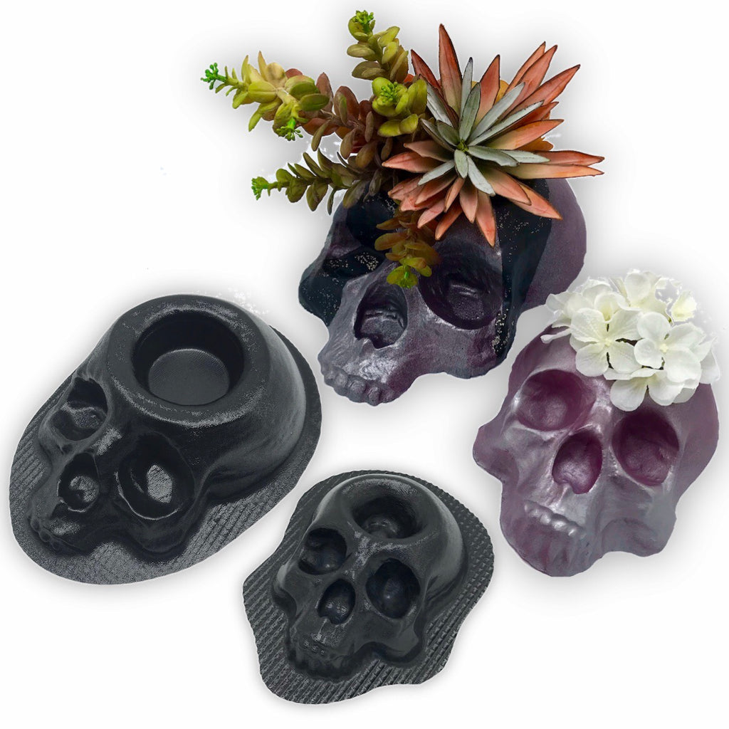 4-piece skull planter mold set by Pacific Mold Design showing two 8-inch mini skull planter molds and two 11.75-inch large skull planter molds for concrete and plaster casting