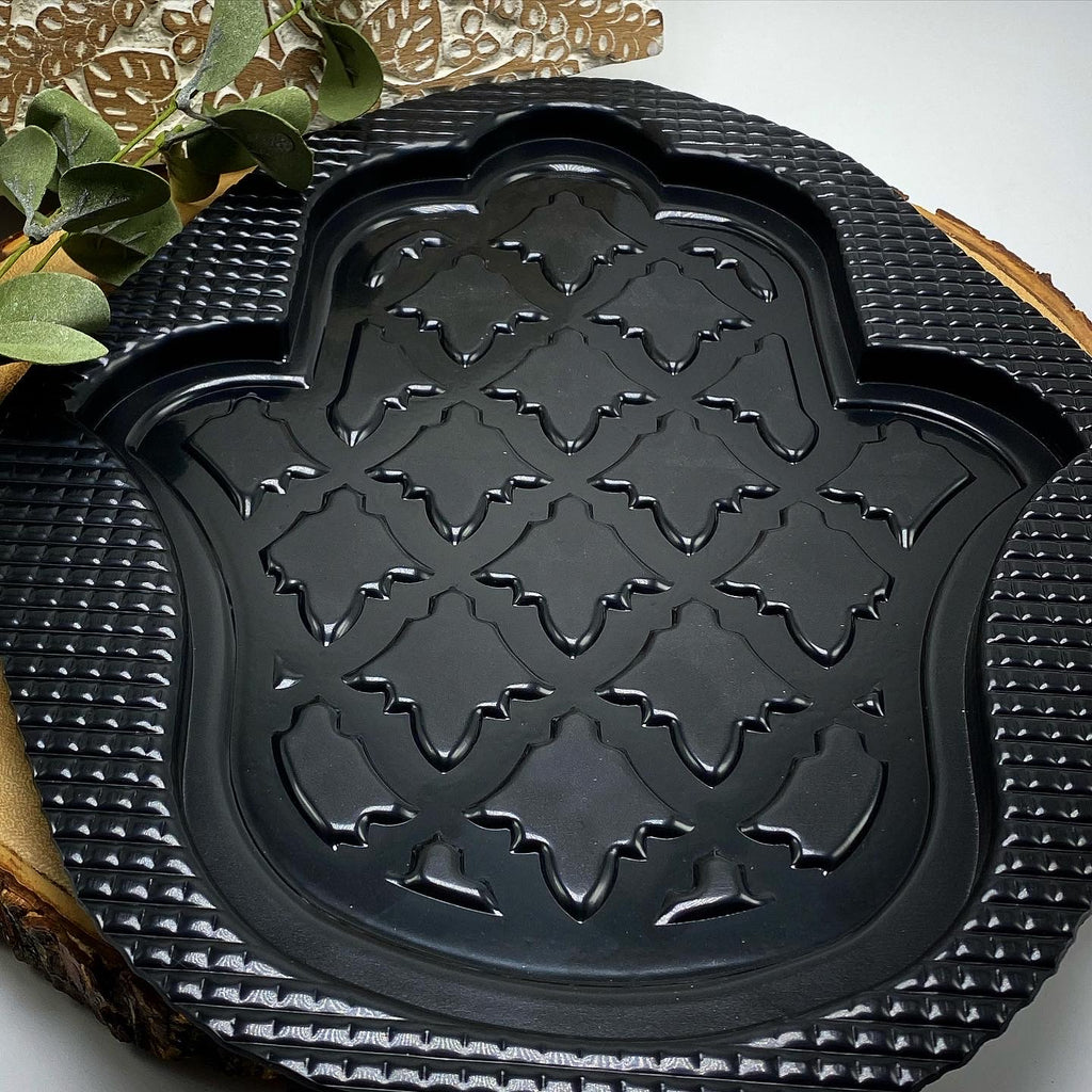 Hamsa hand ABS mold set by Pacific Mold Design showing 10-inch protective hand symbol mold in black plastic sold as set of three for casting concrete and plaster spiritual home and garden décor