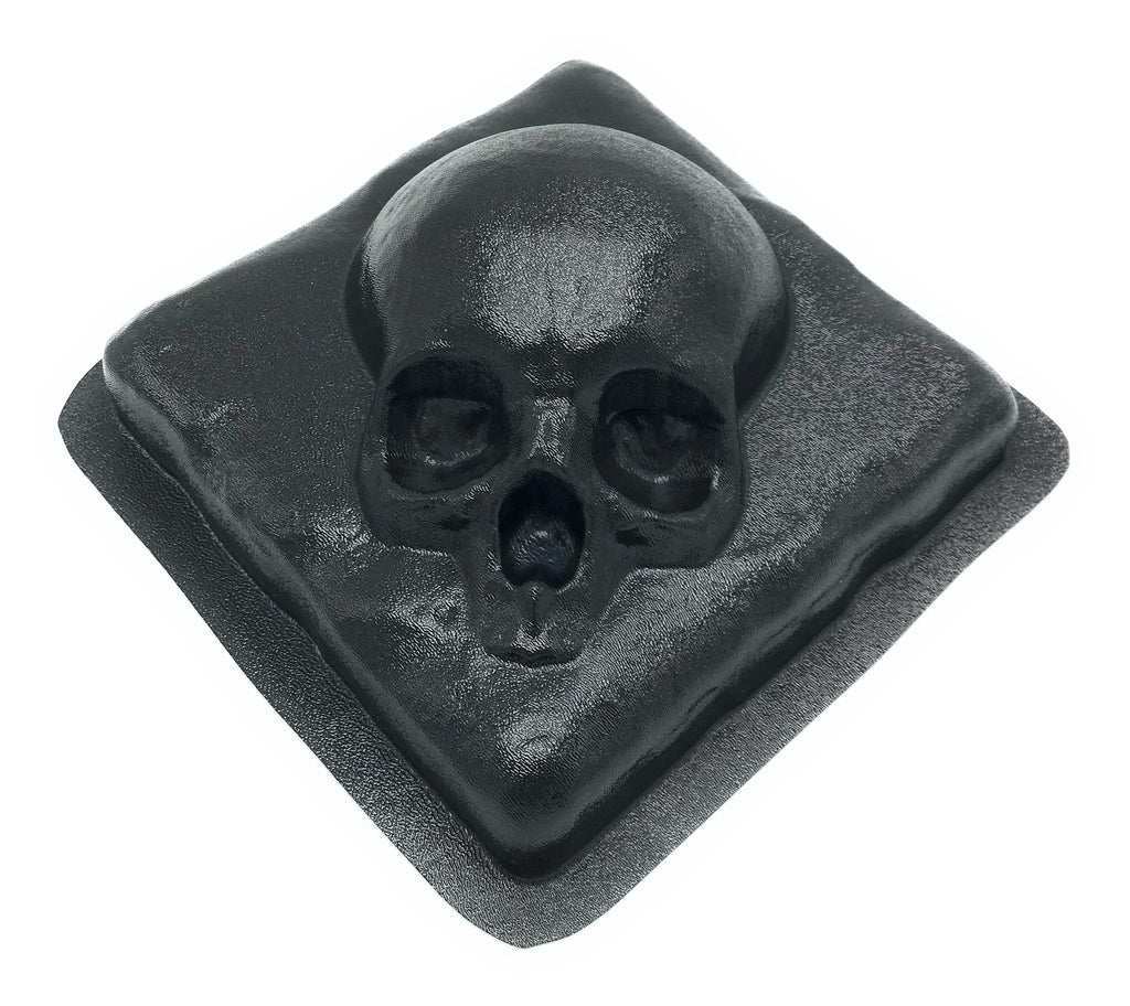 Skull on a rock ABS casting mold by Pacific Mold Design showing 8-inch square mold with skull embedded in stone texture for use as backsplash tile or fireplace accent