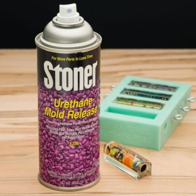 Stoner E236 urethane mold release spray by Pacific Mold Design showing aerosol can of professional grade anti-stick lubricant for urethane and similar material concrete and resin casting molds