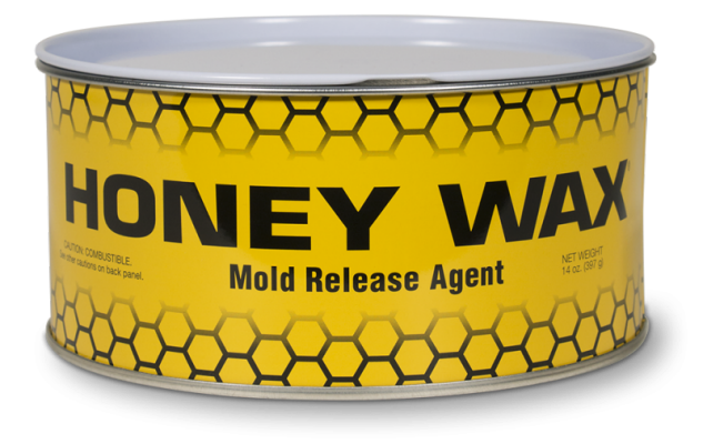 14-ounce Honey Wax mold release agent by Pacific Mold Design showing carnauba paste wax tin for use as anti-stick release agent for ABS plastic and silicone concrete casting molds