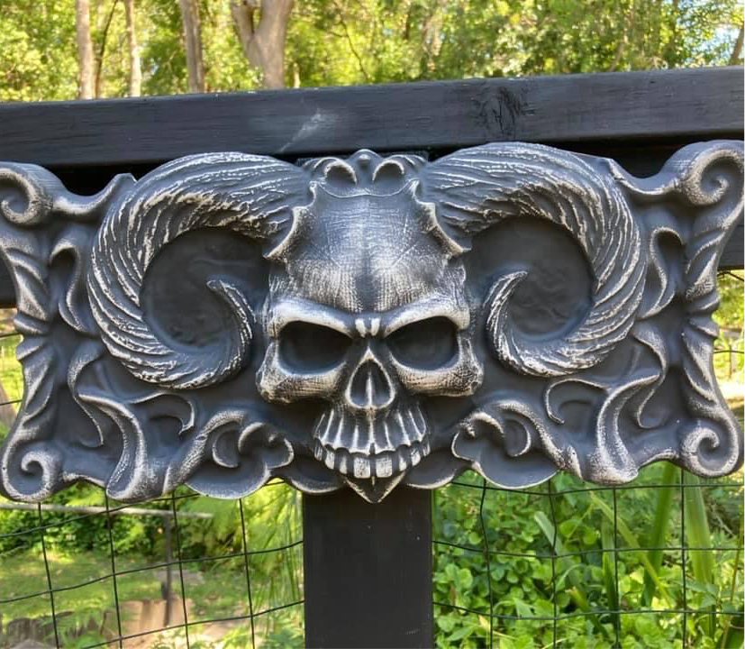 20-inch skull devil ABS casting mold by Pacific Mold Design showing large black plastic mold of menacing skull with devil horns designed for concrete and plaster casting