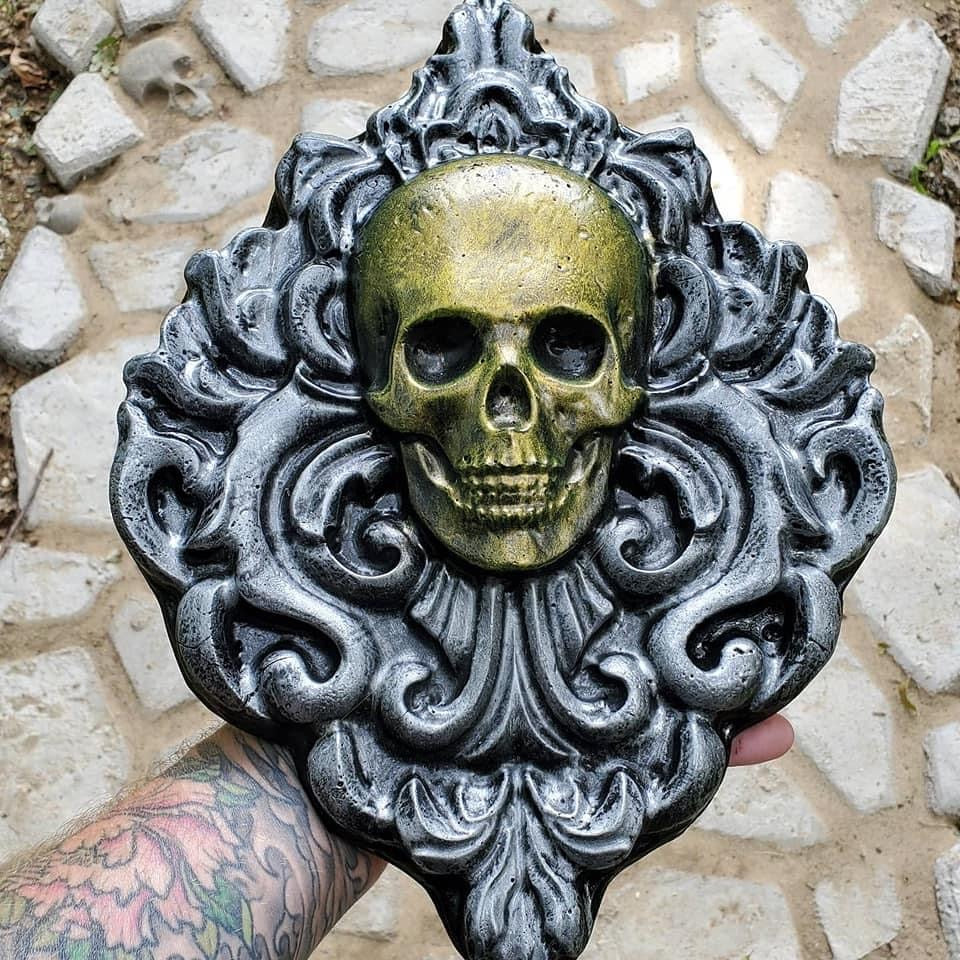 Skull damask ABS casting mold by Pacific Mold Design measuring 14.5 by 10.25 inches showing ornate damask pattern with embedded skull motif for concrete wall plaque casting