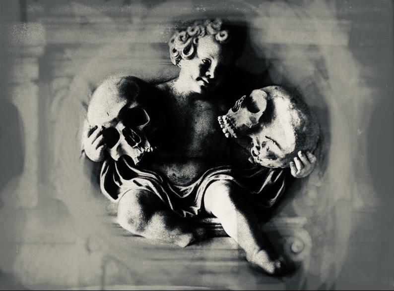 12-inch cherub holding skulls ABS casting mold by Pacific Mold Design showing gothic angel cherub figure holding two human skulls for casting concrete and plaster gothic wall art and cemetery décor