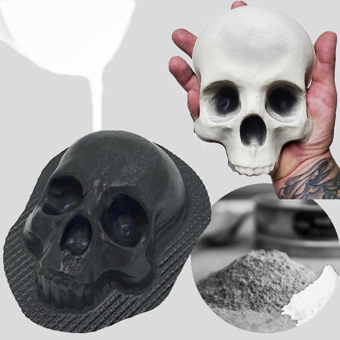 A composite image showing a black 8-inch skull mold made of ABS plastic, with a white skull held in a person's hand for scale, and a close-up of the mold's surface texture.