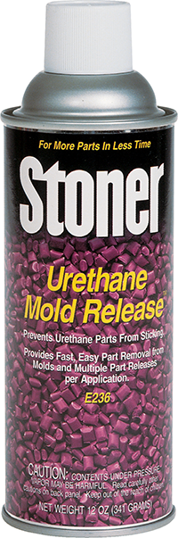 Stoner E236 urethane mold release spray by Pacific Mold Design showing aerosol can of professional grade anti-stick lubricant for urethane and similar material concrete and resin casting molds