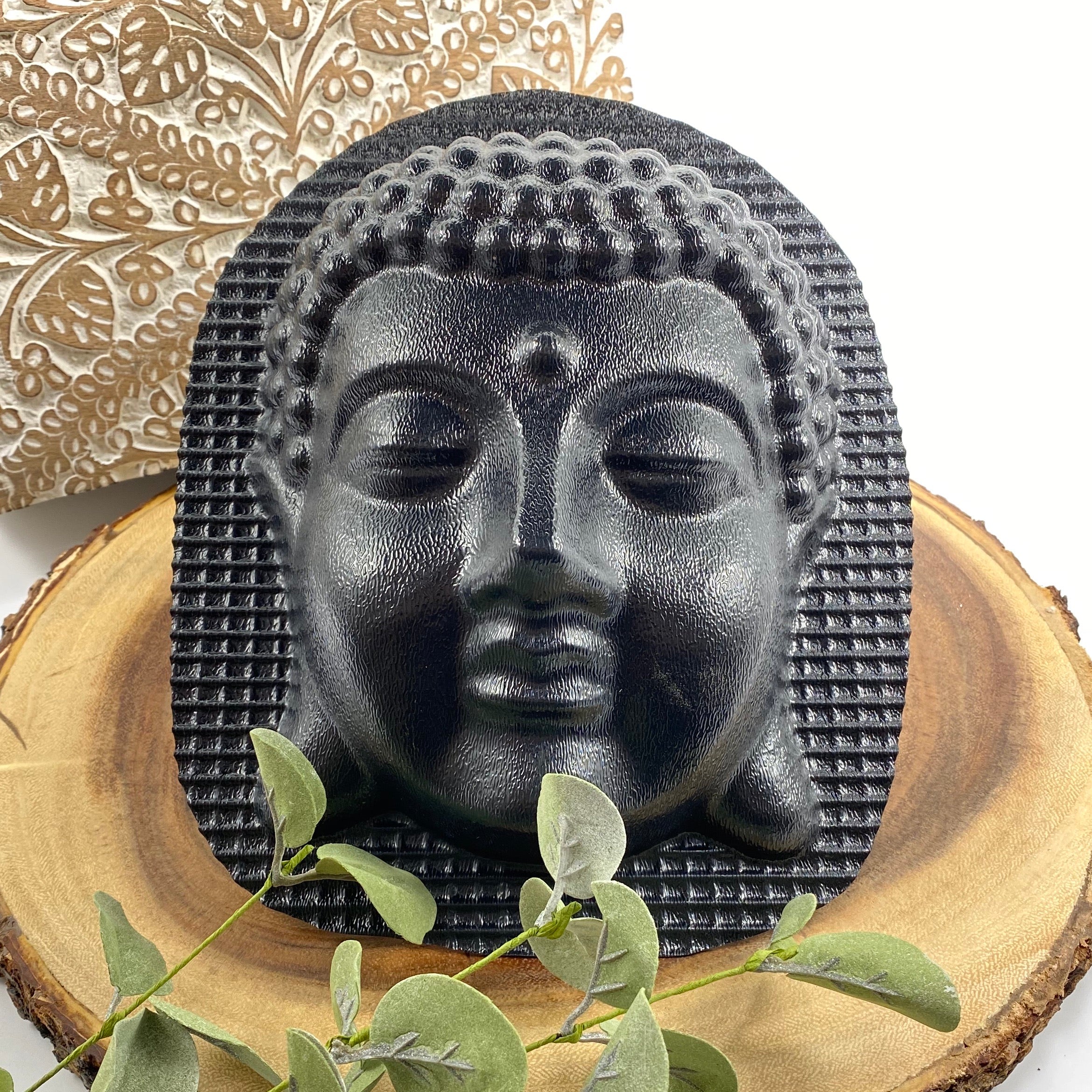8.5-inch Buddha head ABS casting mold by Pacific Mold Design showing serene Buddhist head with peaceful expression for casting concrete and plaster spiritual home garden and meditation space décor