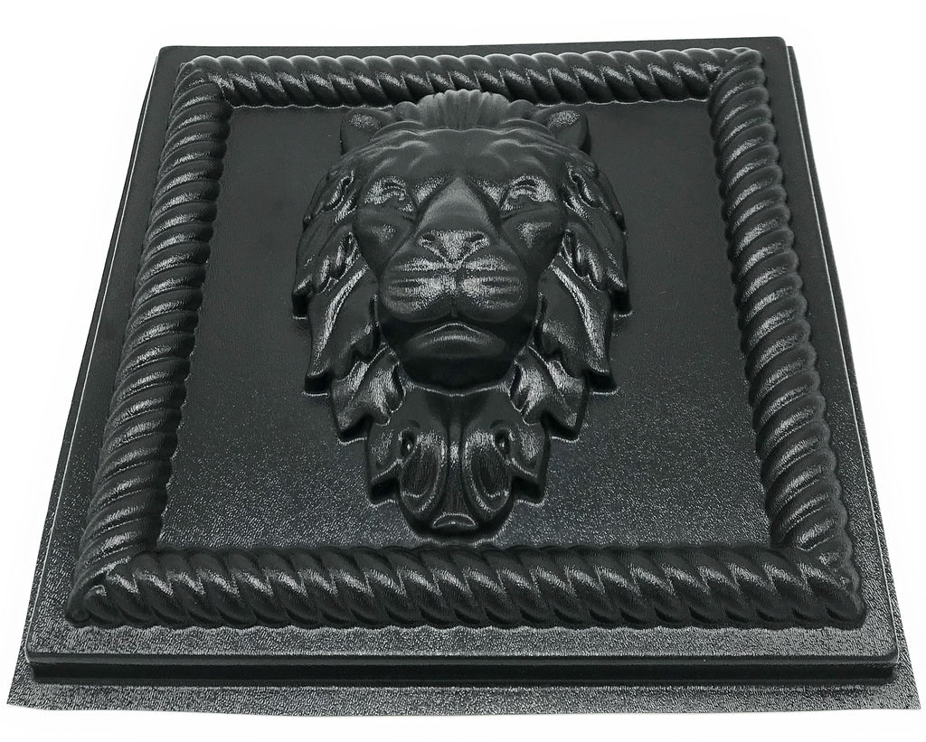 12-inch square lion ABS casting mold by Pacific Mold Design showing bold lion head in square format for casting concrete and plaster indoor and outdoor garden wall art décor