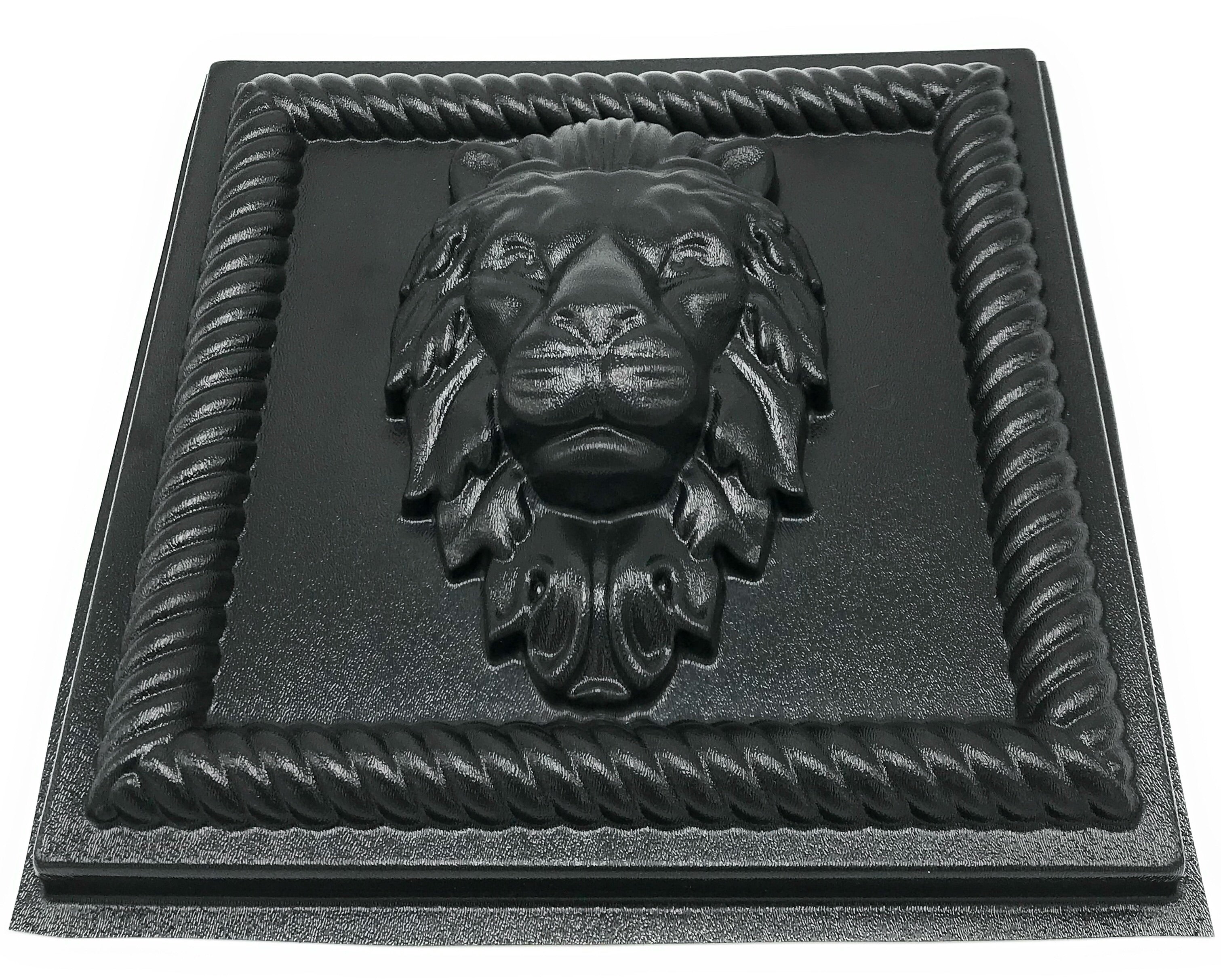 12-inch square lion ABS casting mold by Pacific Mold Design showing bold lion head in square format for casting concrete and plaster indoor and outdoor garden wall art décor