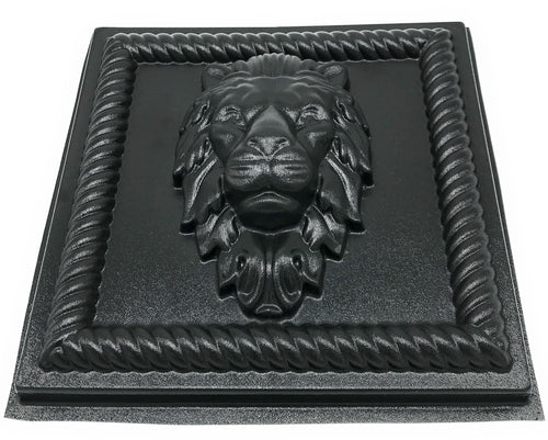 12-inch square lion ABS casting mold by Pacific Mold Design showing bold lion head in square format for casting concrete and plaster indoor and outdoor garden wall art décor